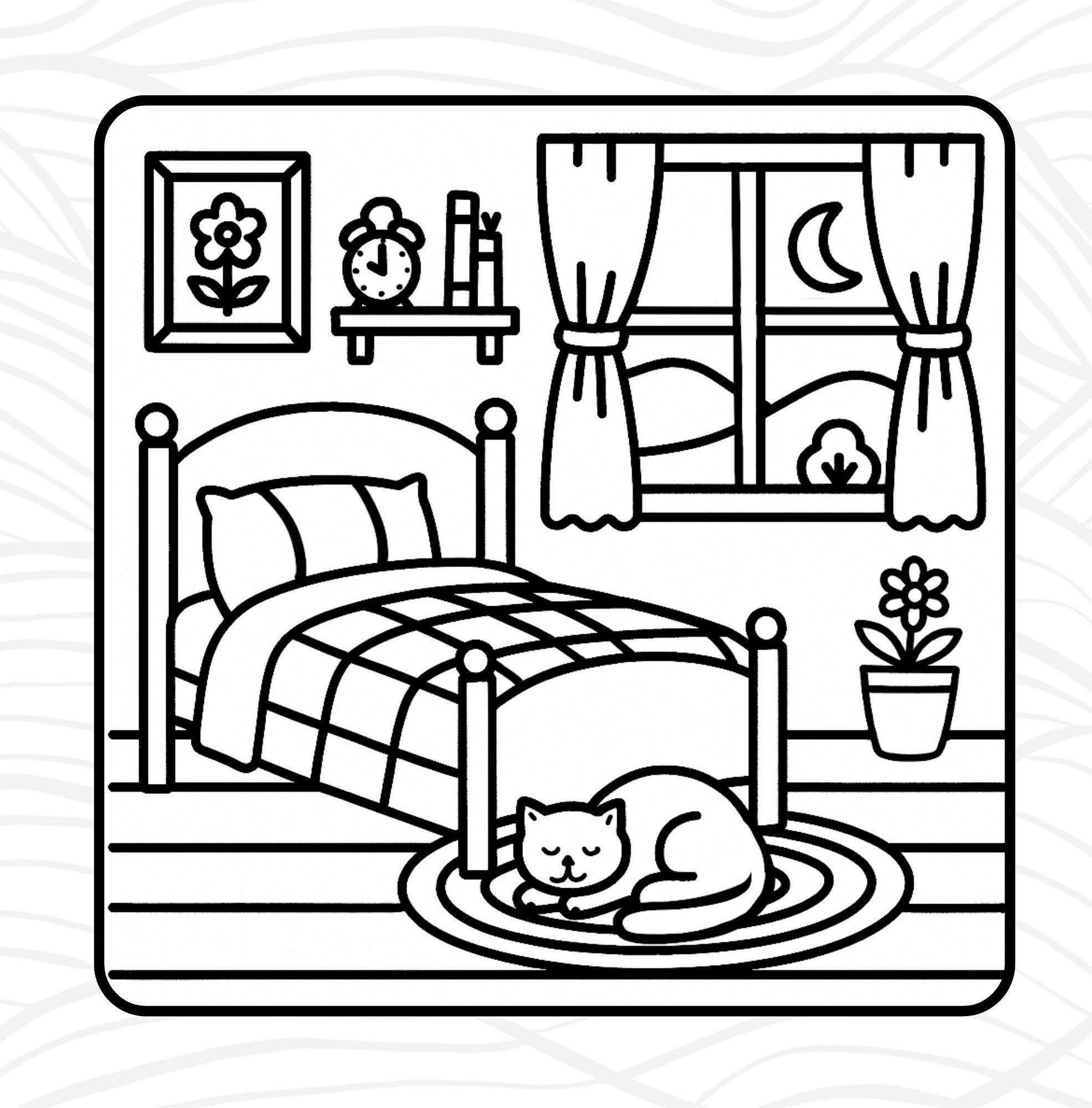 Folk Art Corner page: Bedroom with cat sleeping on a rug. 