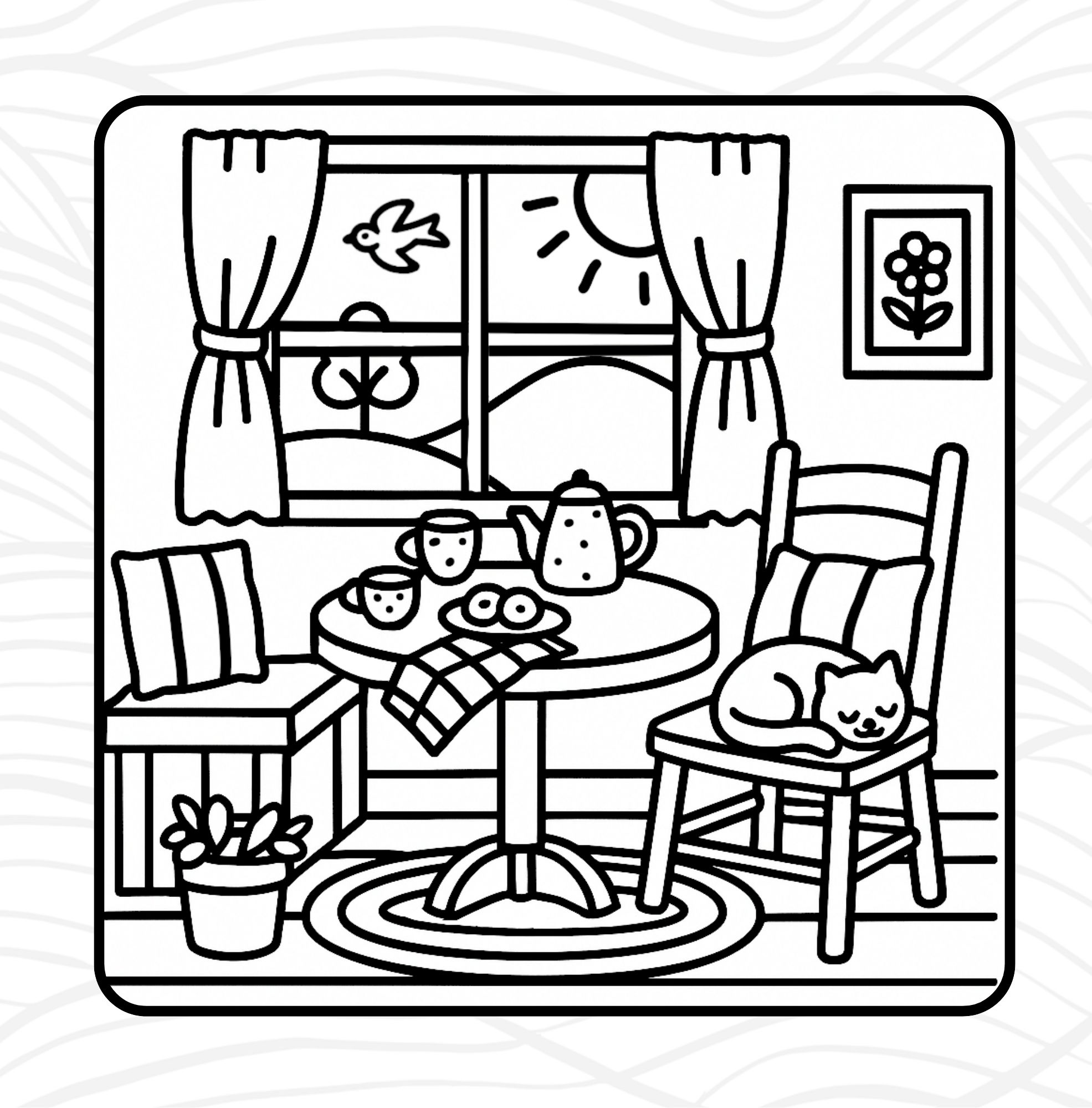 Folk Art Corner page: Dining room with cat on chair. 