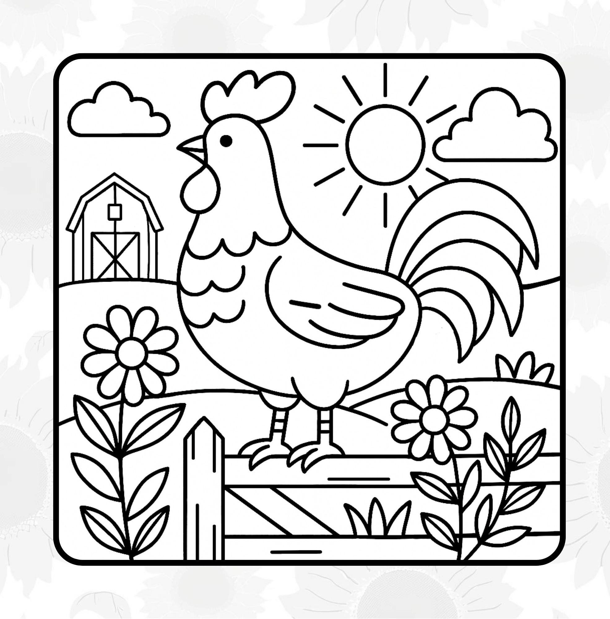 Coloring book page from Folk Art Farm: Rooster on a fence,