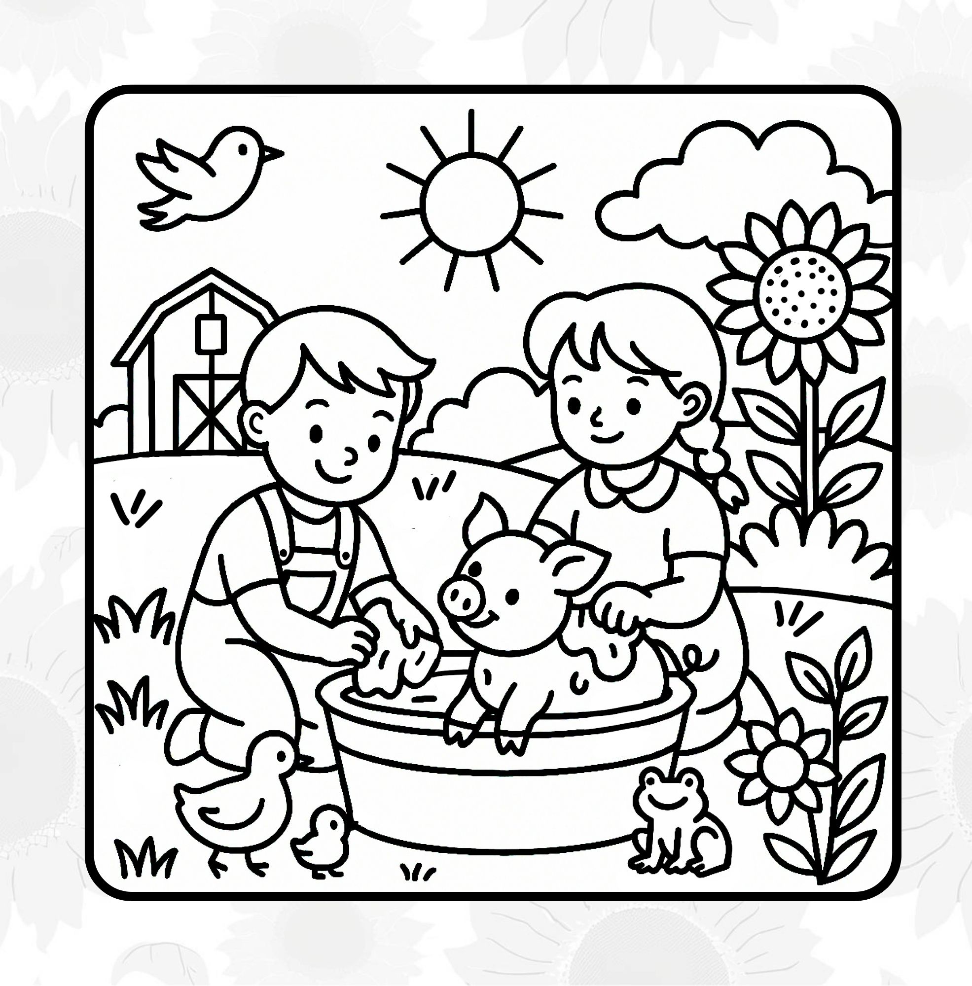 Coloring book page from Folk Art Farm: Children bathing a piglet.