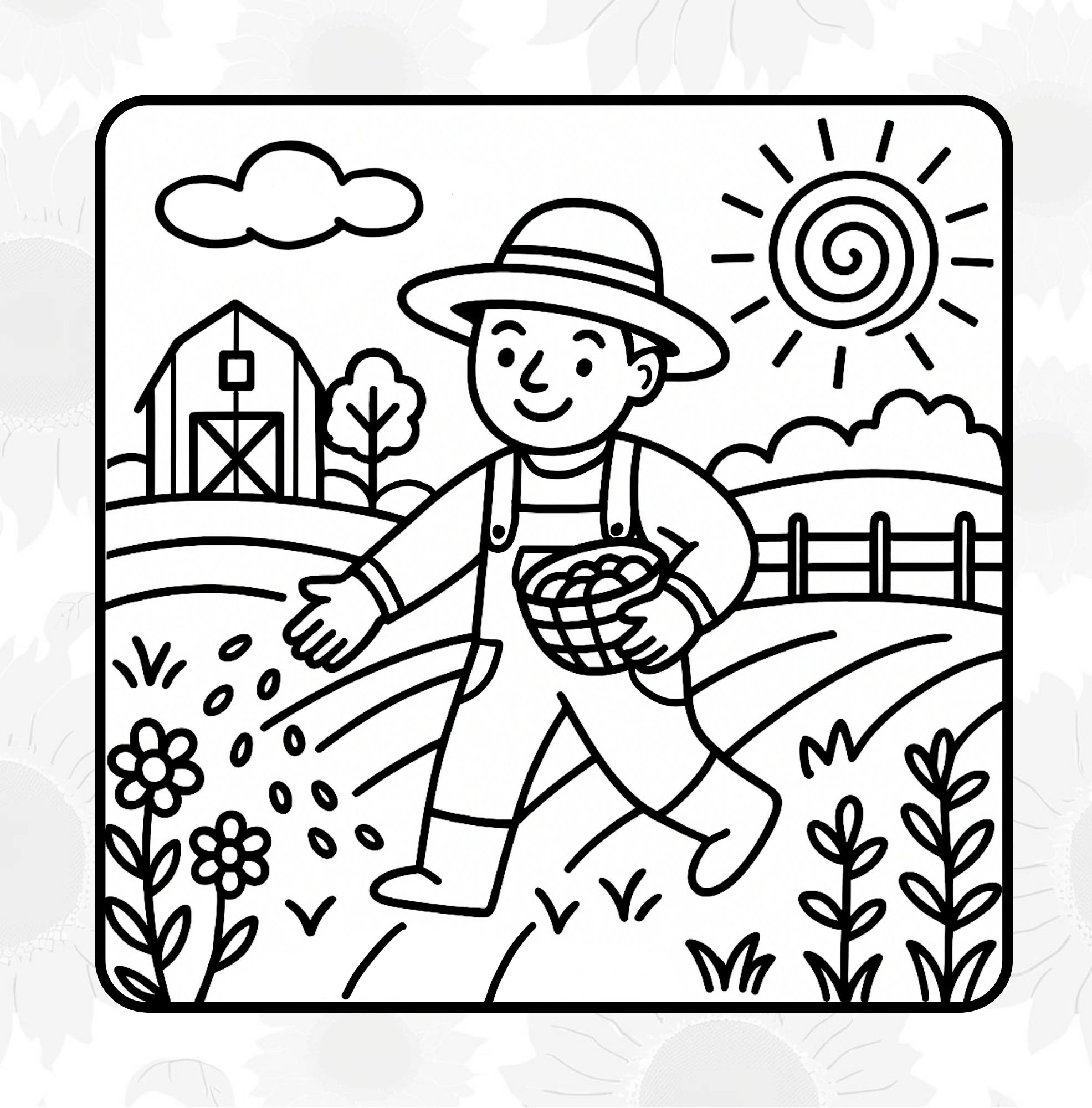 Coloring book page from Folk Art Farm: Farmer sowing a field. 