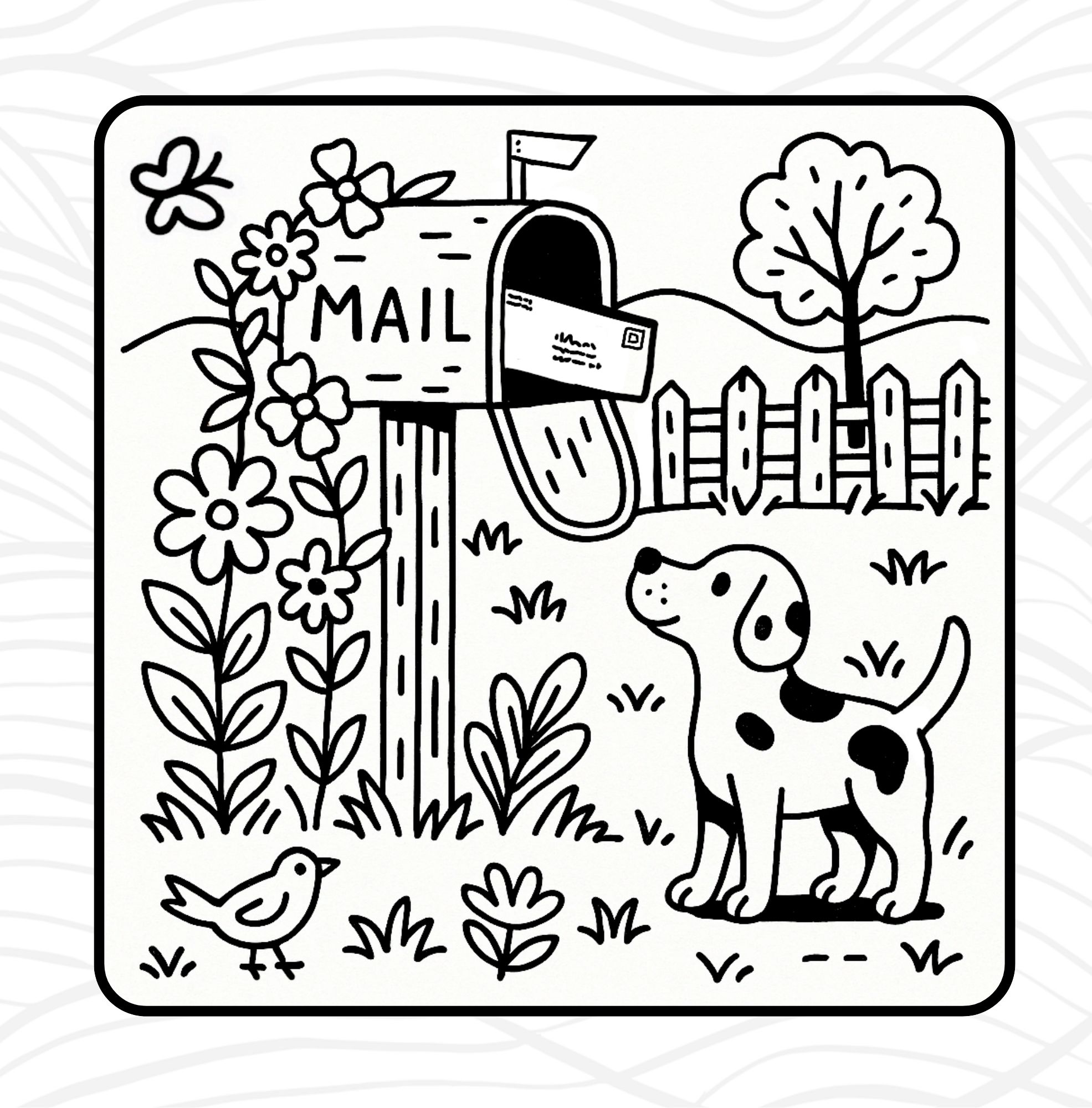 Folk Art Corner page: Mailbox with dog looking up at it. 